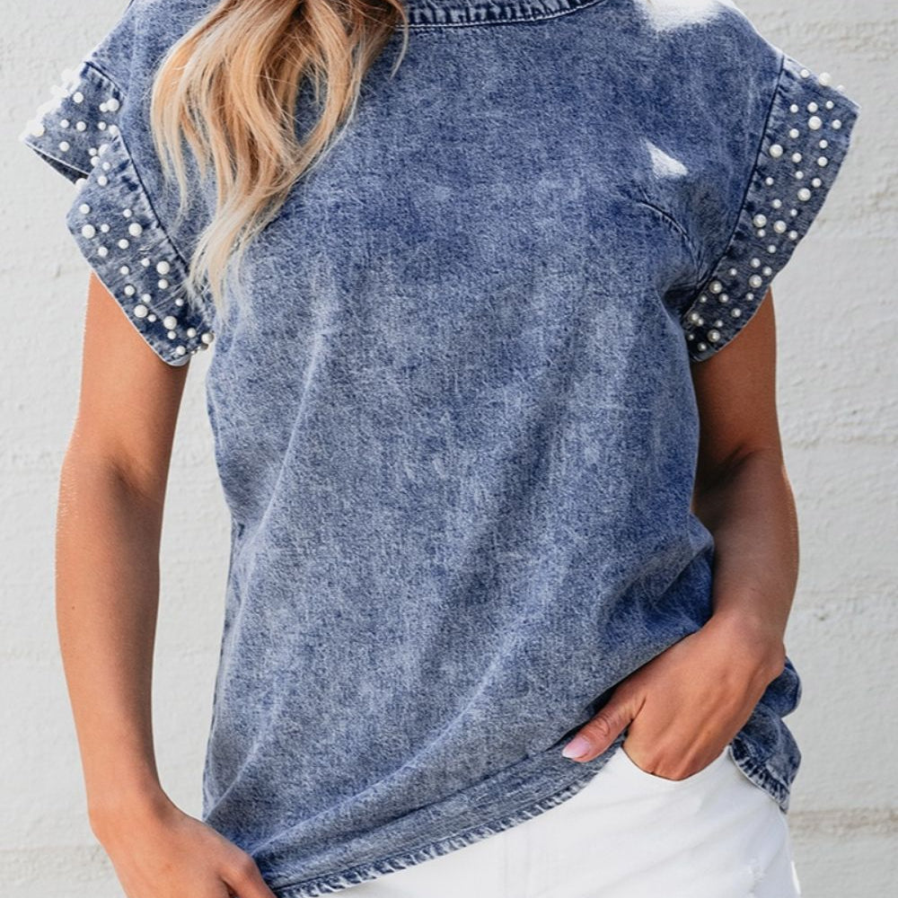 Pearl Trim Round Neck Cap Sleeve Denim Top