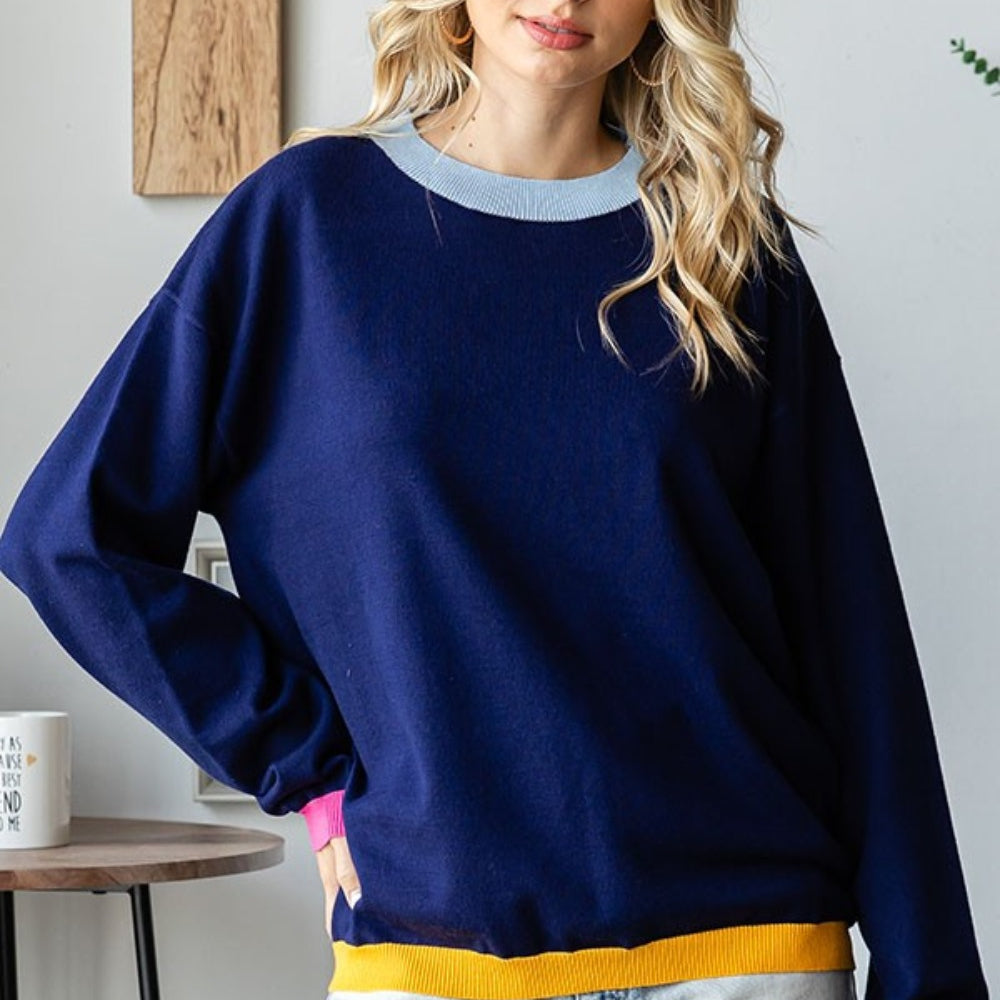 Contrast Ribbed Round Neck Long Sleeve Sweater