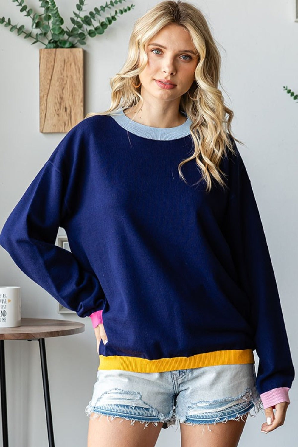 Contrast Ribbed Round Neck Long Sleeve Sweater