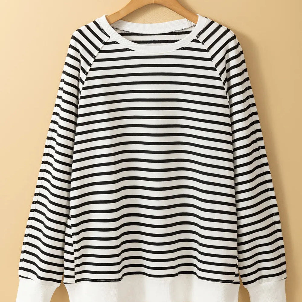 Slit Striped Round Neck Long Sleeve Sweatshirt