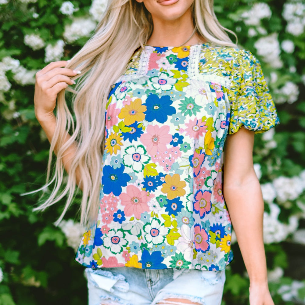 Printed Round Neck Puff Sleeve Blouse