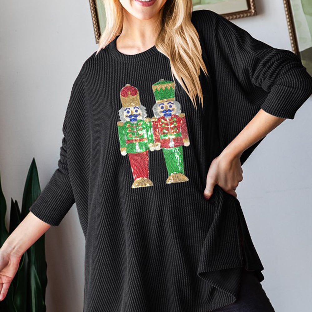 Sequin Nutcracker Long Sleeve Ribbed Top