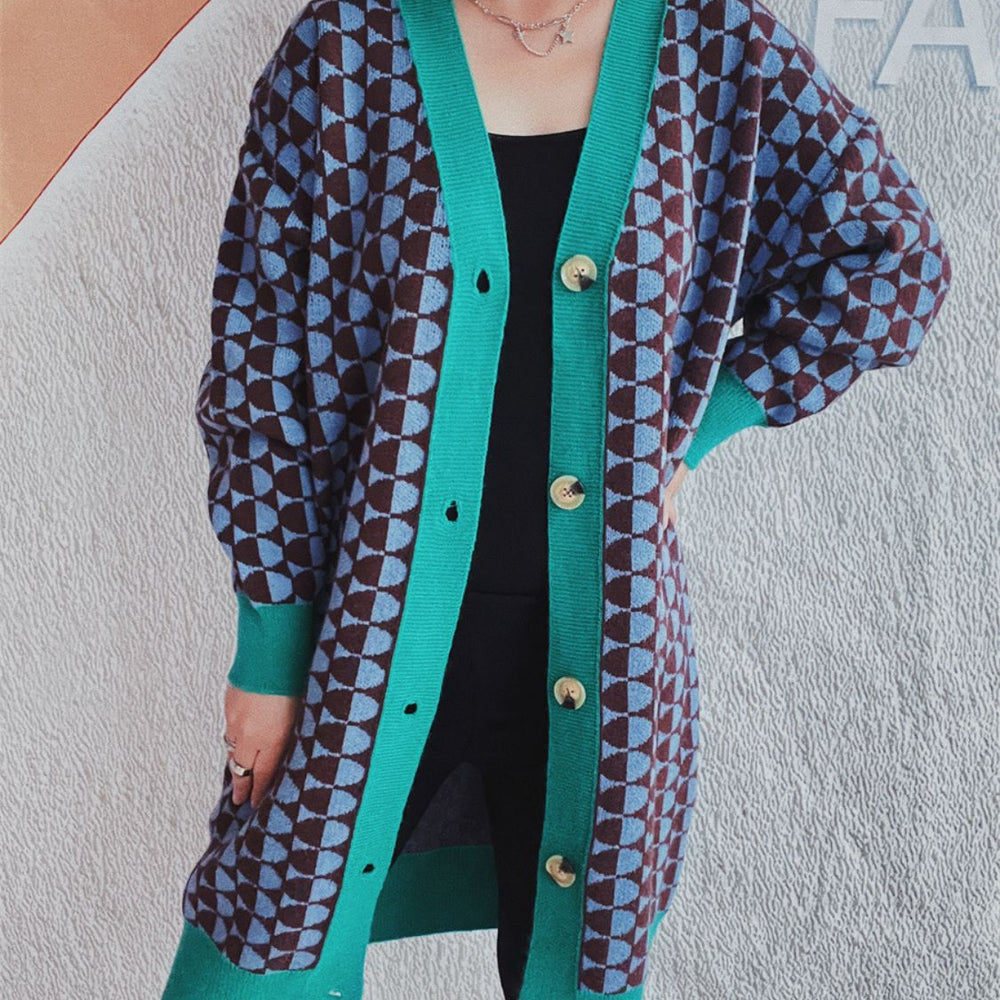 
                      
                        Contrast Trim Geometric Button Down Cardigan
                      
                    