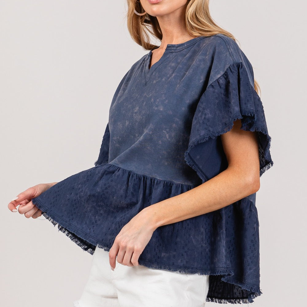 
                      
                        Ruffle Sleeve Washed Short Sleeve Blouse
                      
                    