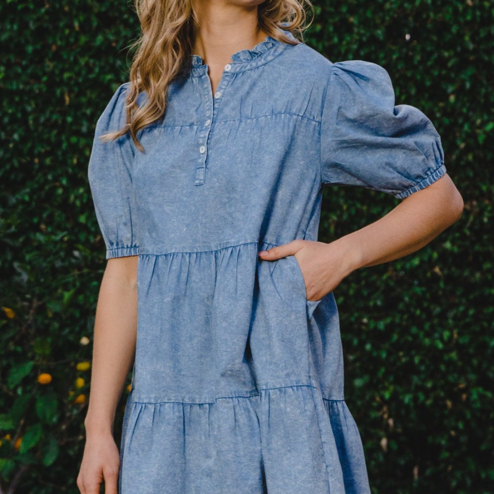 
                      
                        Washed Tiered Mini Denim Dress
                      
                    