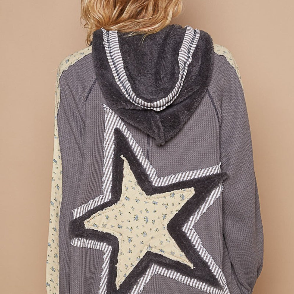 Half Zip Up Fleece Mix Back Star Patch Hoodie