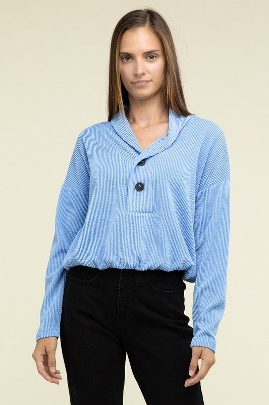 
                      
                        Textured Line Elastic Waist Pullover Top
                      
                    