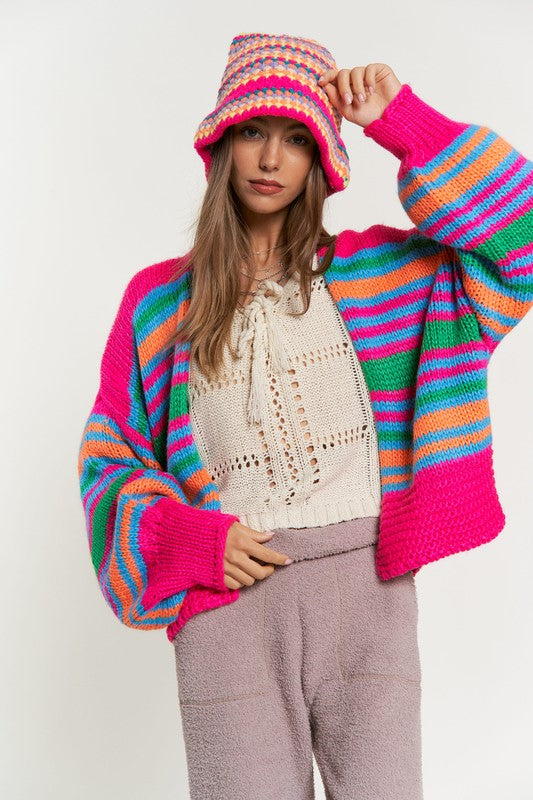 
                      
                        Chunky Knit Multi-Striped Open Sweater Cardigan
                      
                    