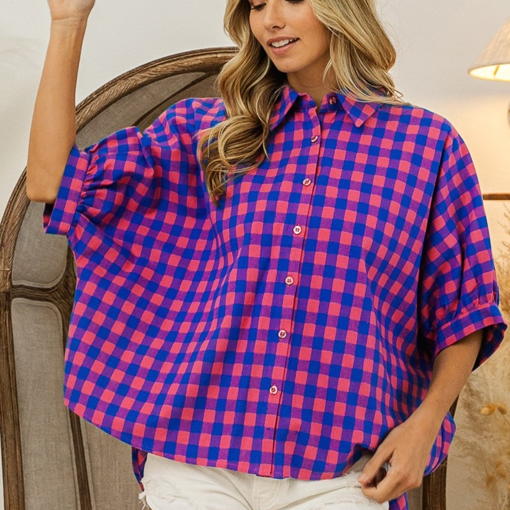 
                      
                        Plaid Button Up Dolman Sleeve Shirt
                      
                    