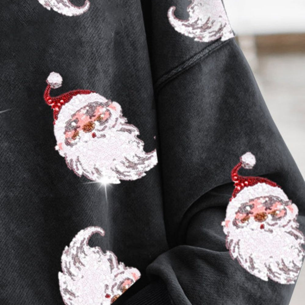 Sequin Santa Round Neck Drop Shoulder Sweatshirt