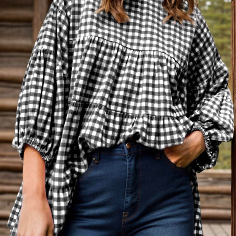 Tiered Plaid Round Neck Long Sleeve Blouse