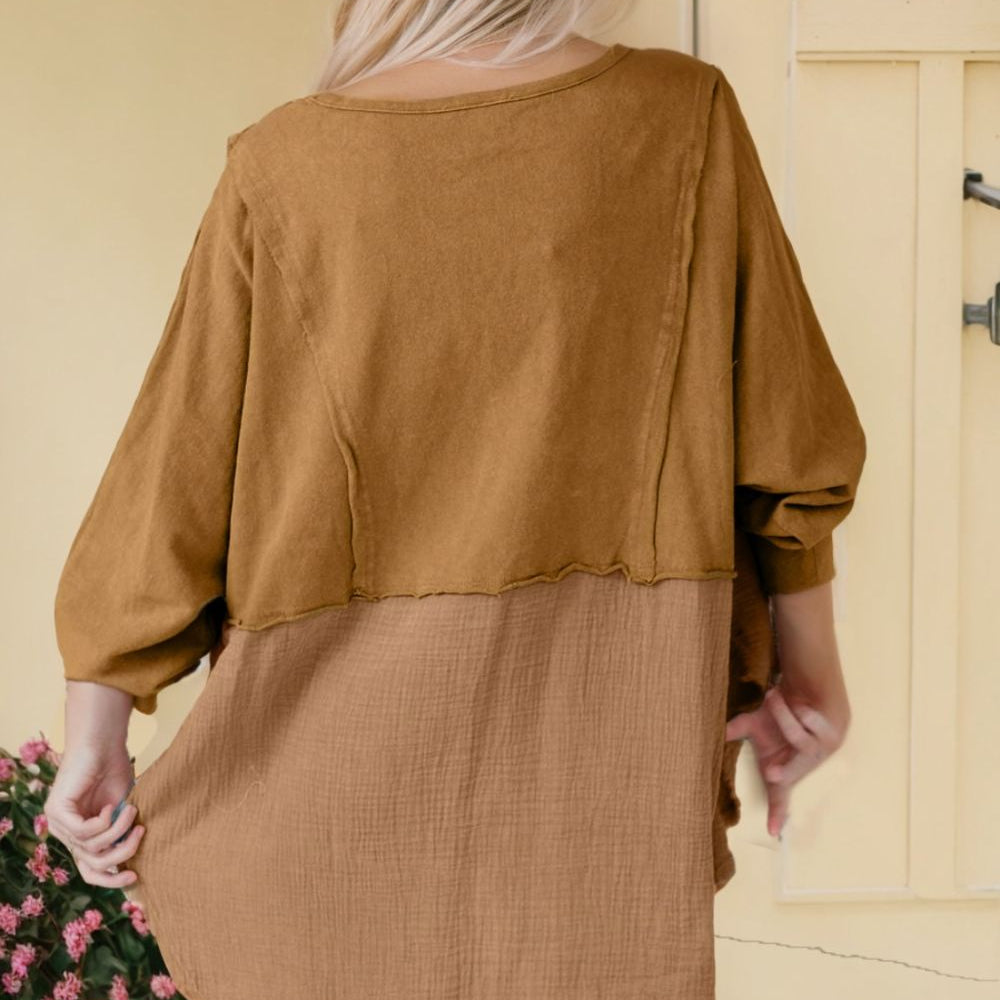 
                      
                        Contrast Texture Round Neck Long Sleeve Blouse
                      
                    