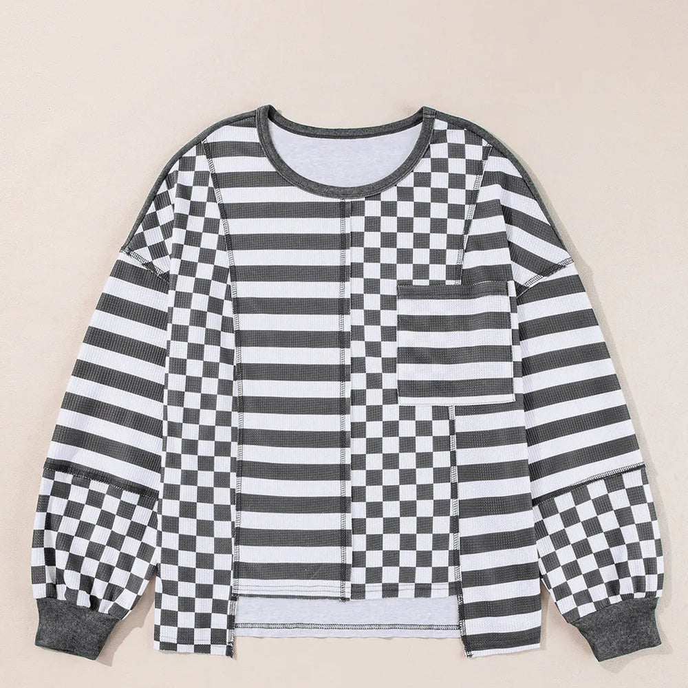 
                      
                        Checker & Stripes Round Neck Long Sleeve Blouse
                      
                    