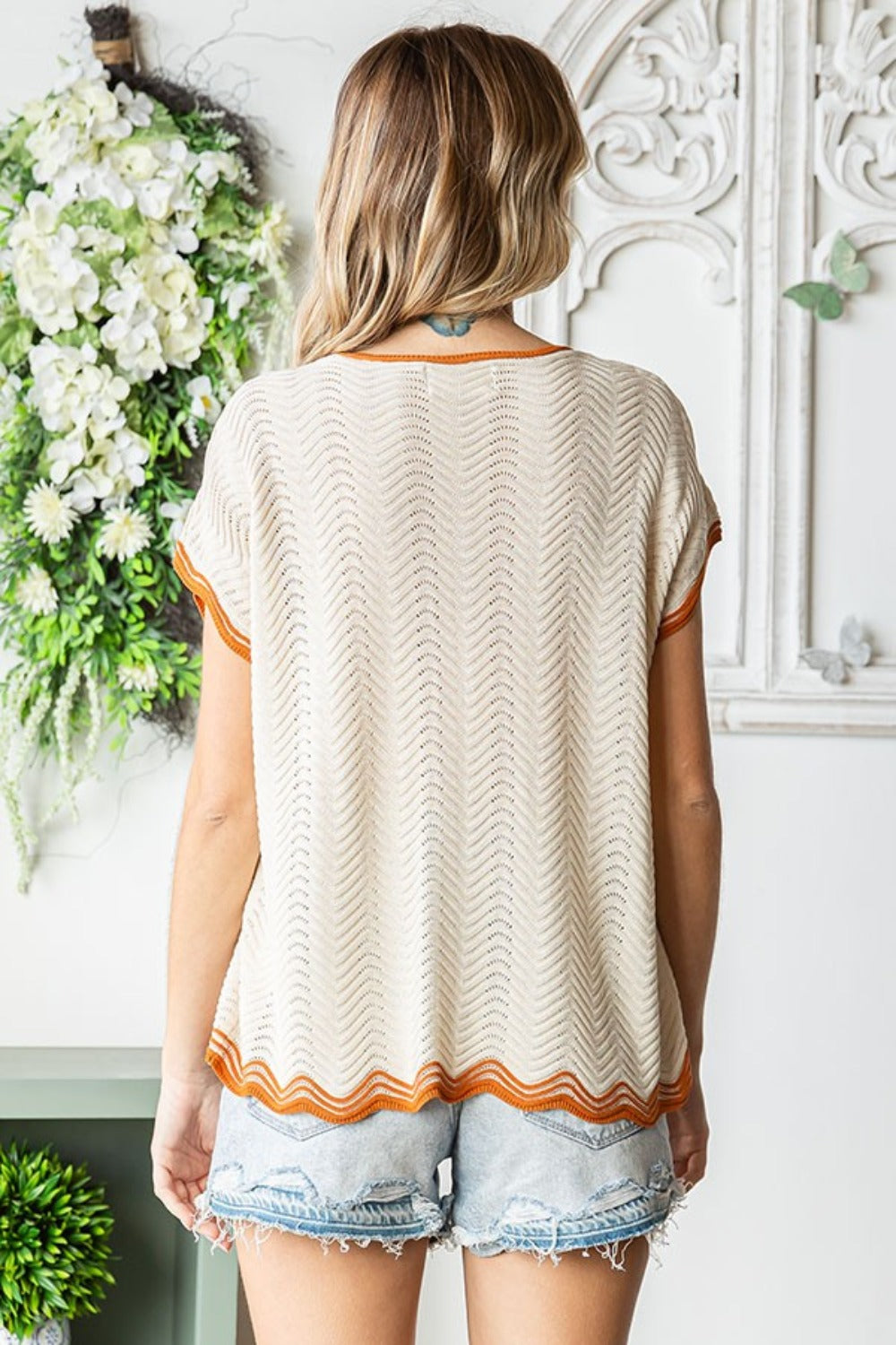 Contrast Wavy Crochet Drop Shoulder Knit Top