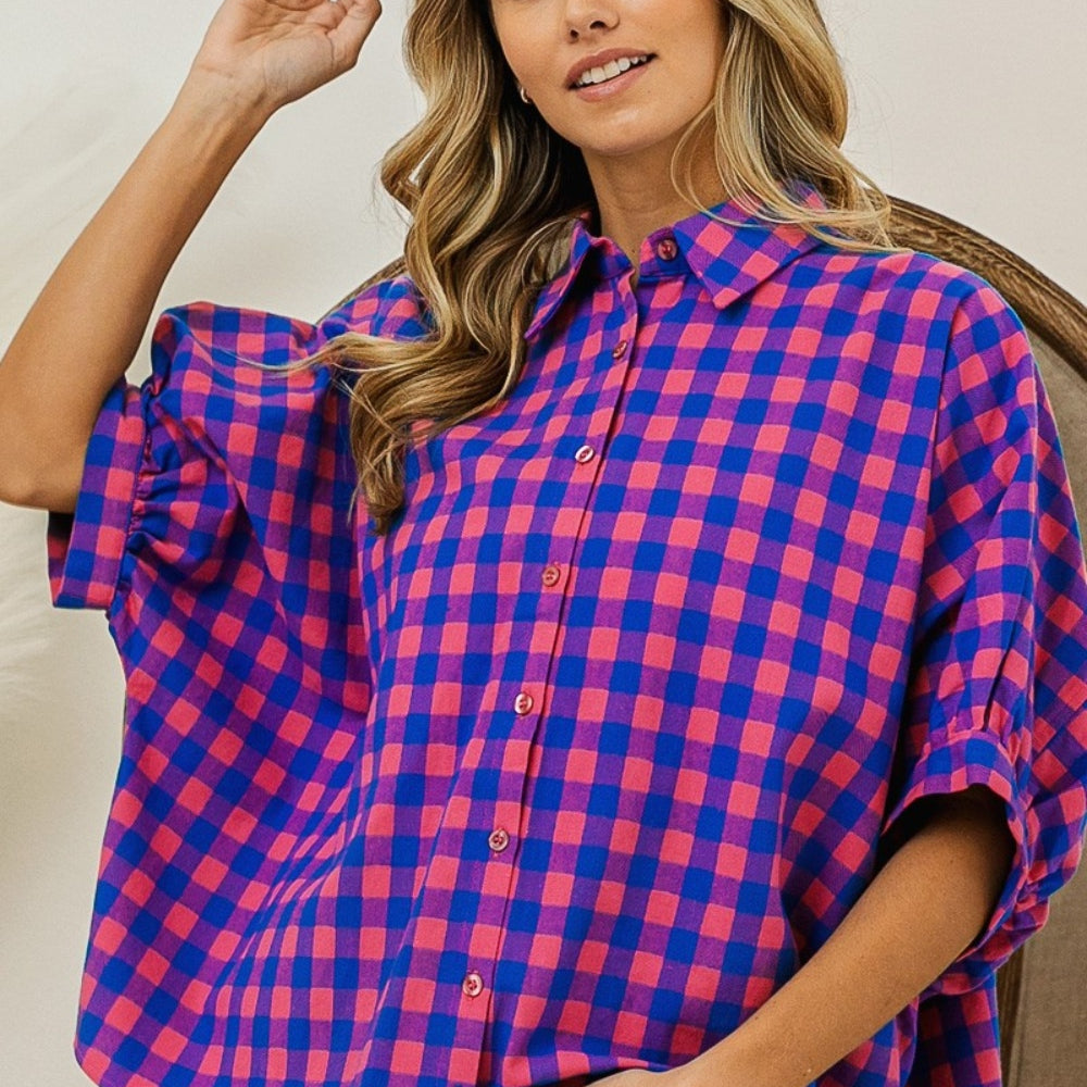 Plaid Button Up Dolman Sleeve Shirt