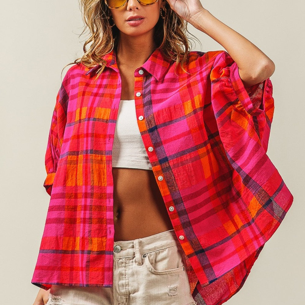 Button Up Dolman Sleeve Plaid Shirt