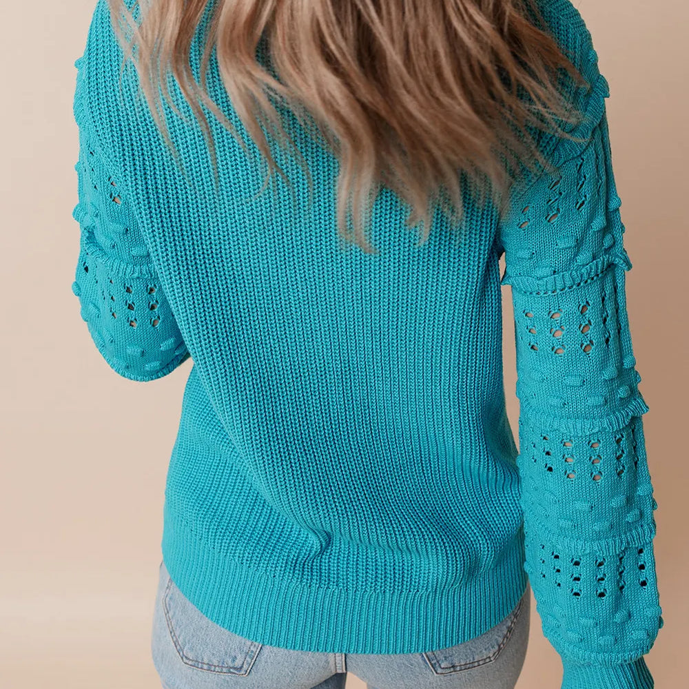 
                      
                        Openwork Frill Round Neck Long Sleeve Sweater
                      
                    