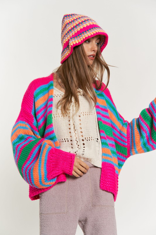 
                      
                        Chunky Knit Multi-Striped Open Sweater Cardigan
                      
                    