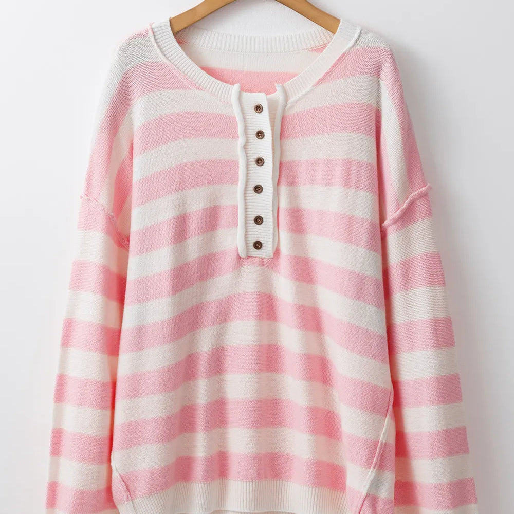 
                      
                        Exposed Seam Striped Round Neck Long Sleeve Sweater
                      
                    