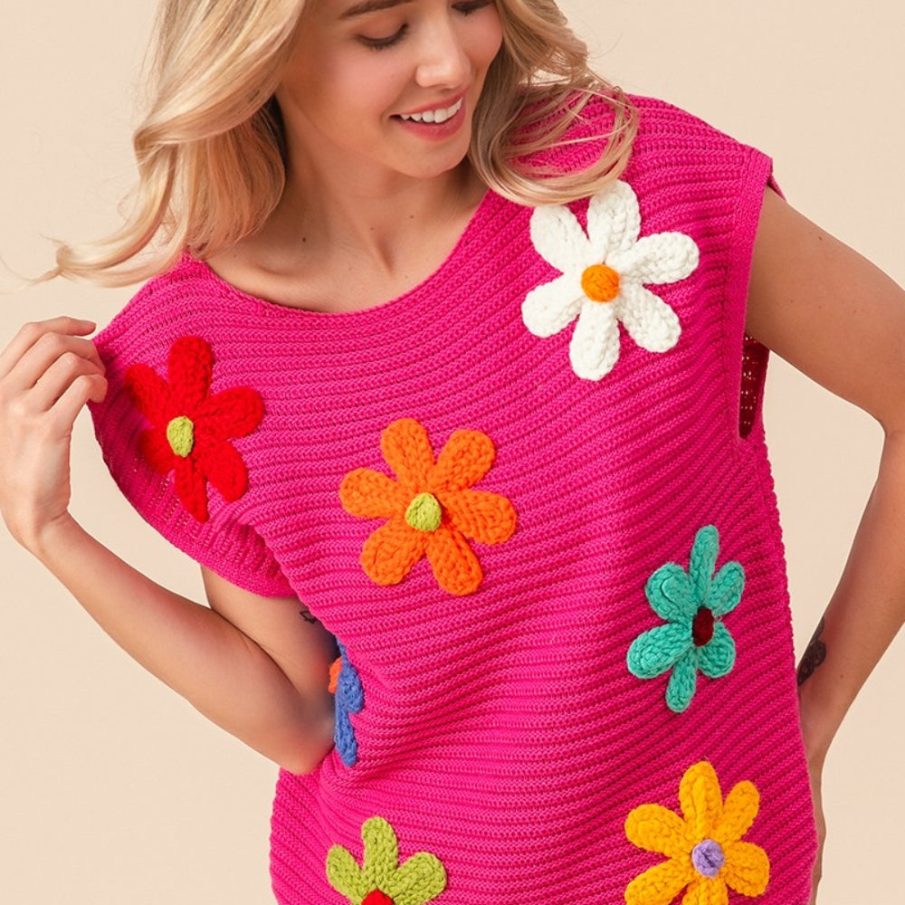 
                      
                        Flower Round Neck Cap Sleeve Knit Top
                      
                    