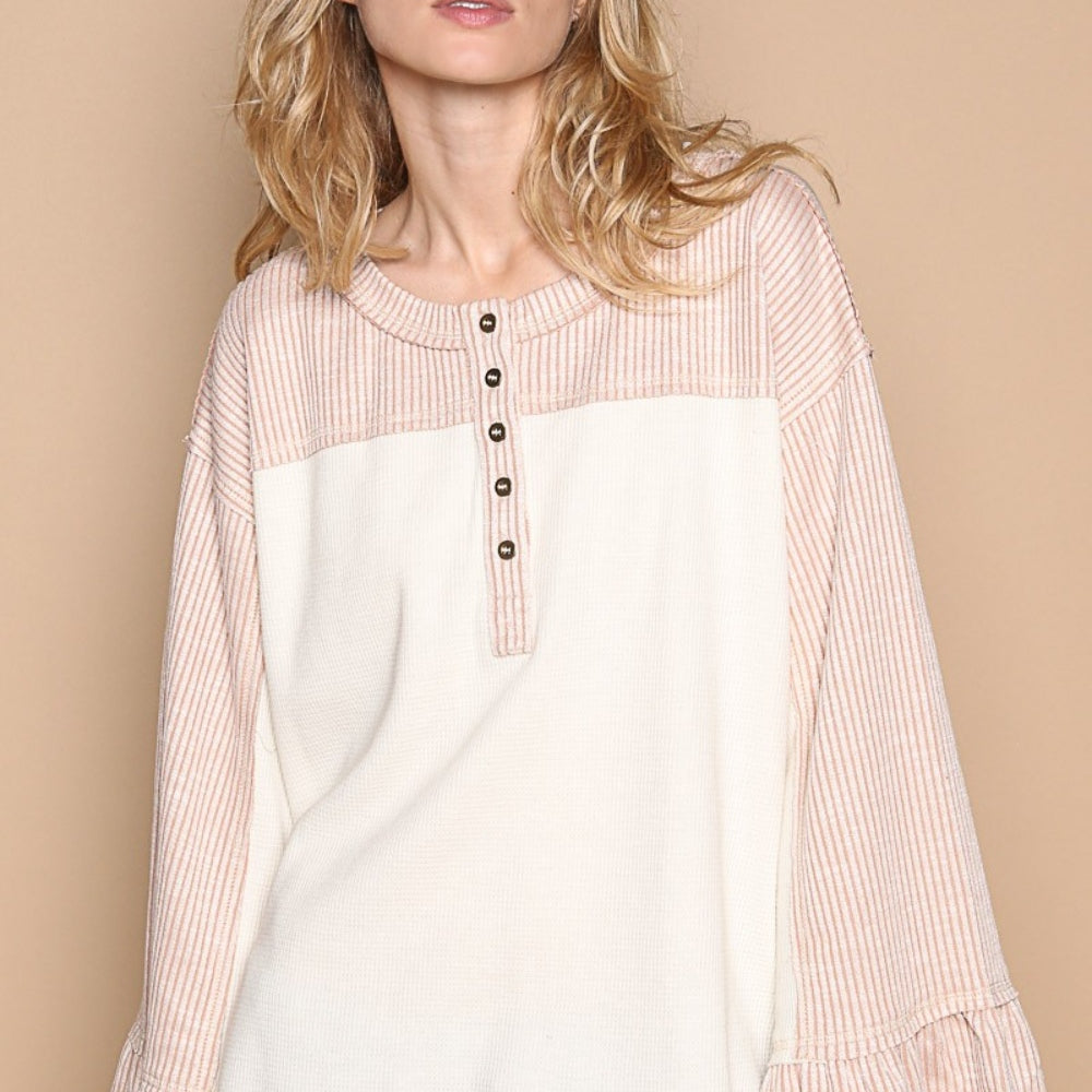 Striped Flounce Sleeve Exposed Seam Top