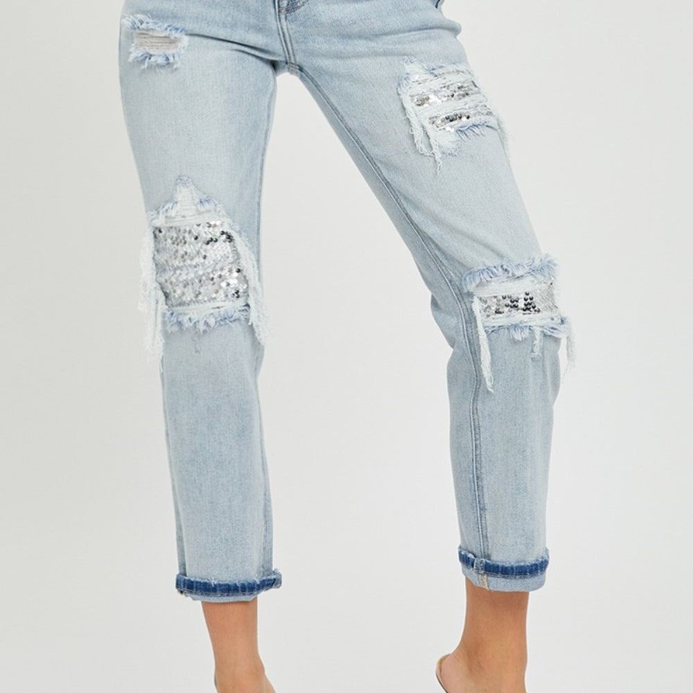 
                      
                        RISEN Mid-Rise Sequin Patched Jeans
                      
                    