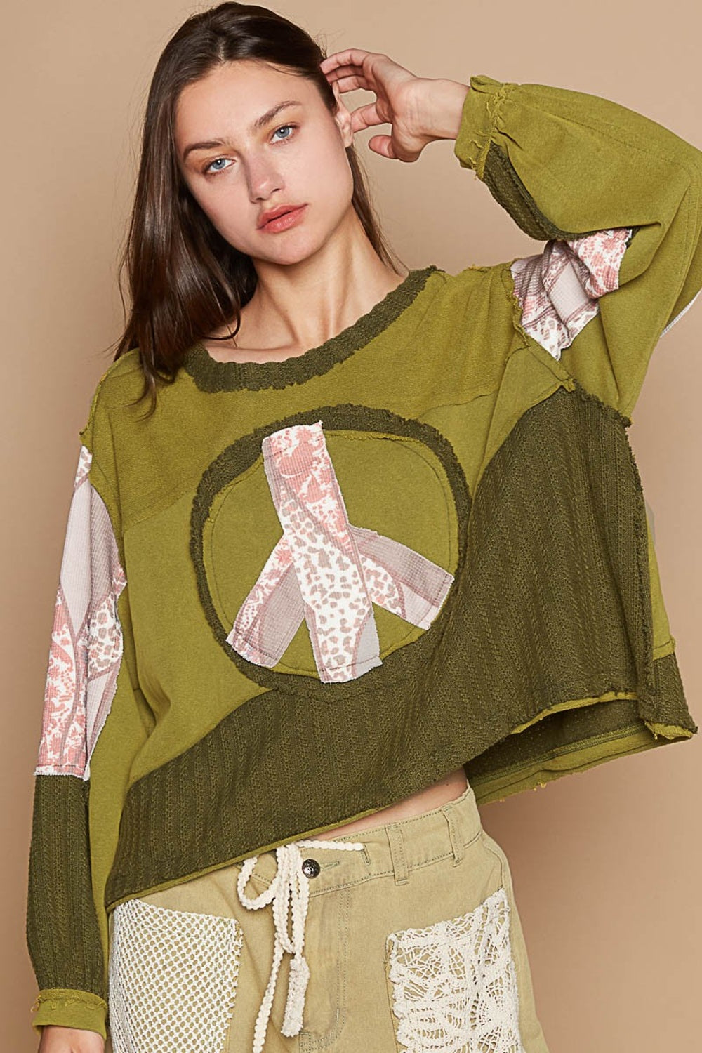 Long Sleeve Cut Sew Peace Emblem Top