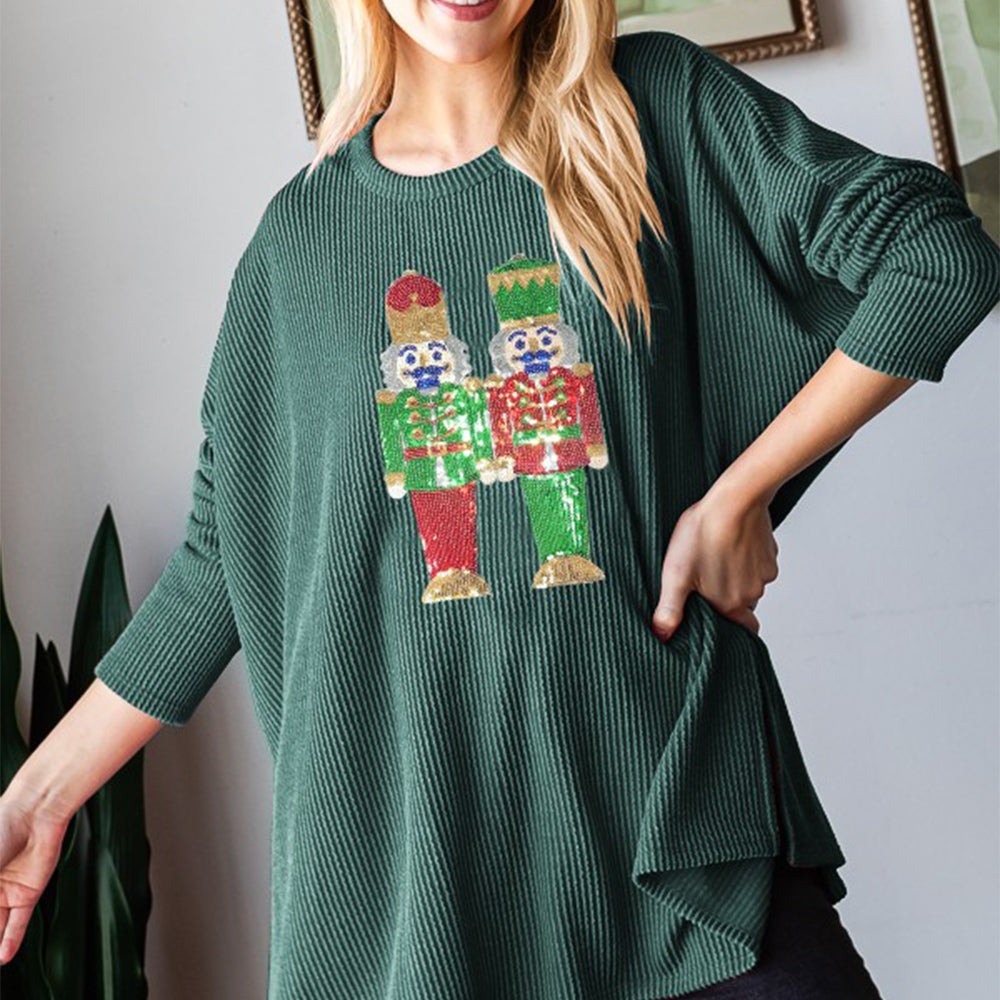 Sequin Nutcracker Long Sleeve Ribbed Top