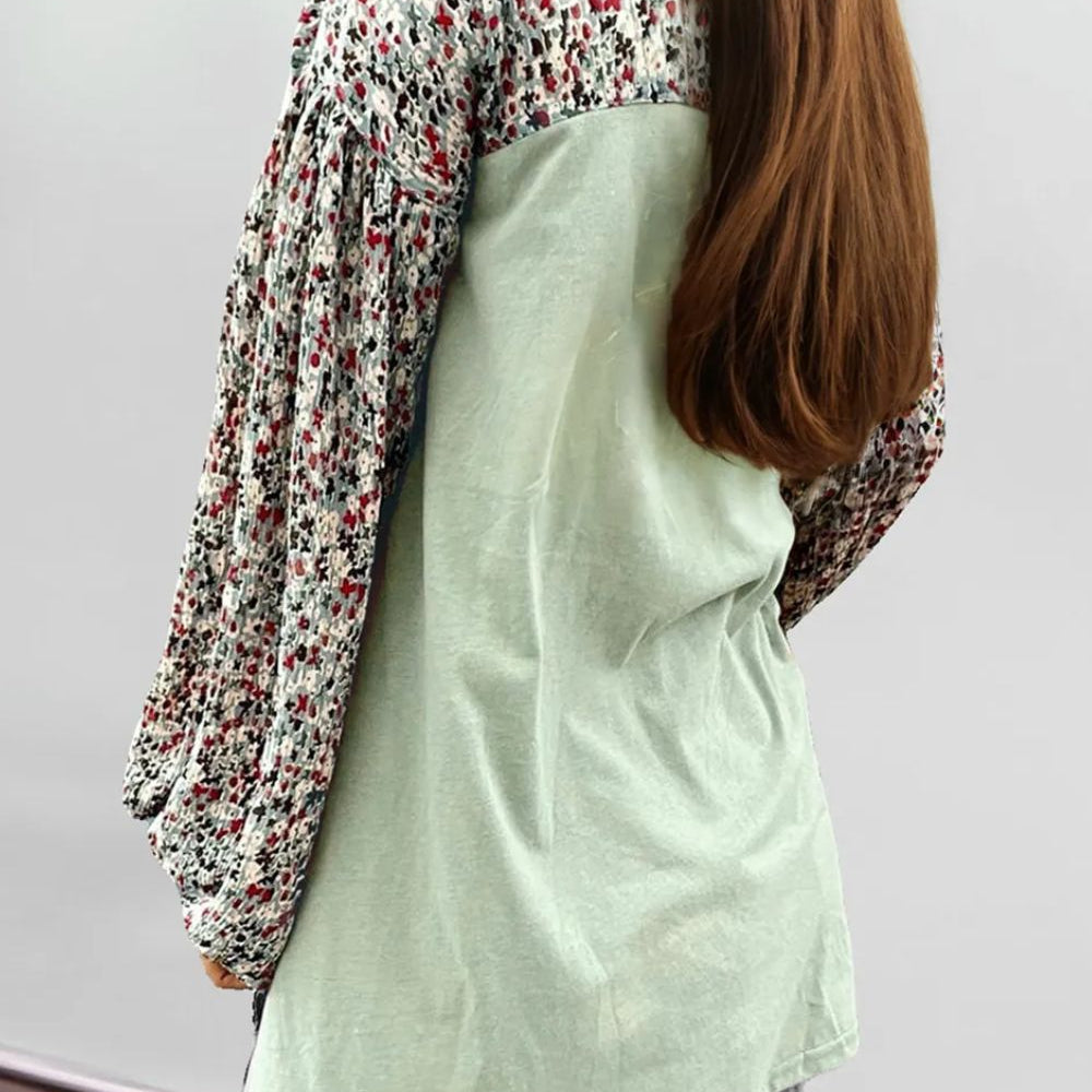 Printed Notched Long Sleeve Blouse