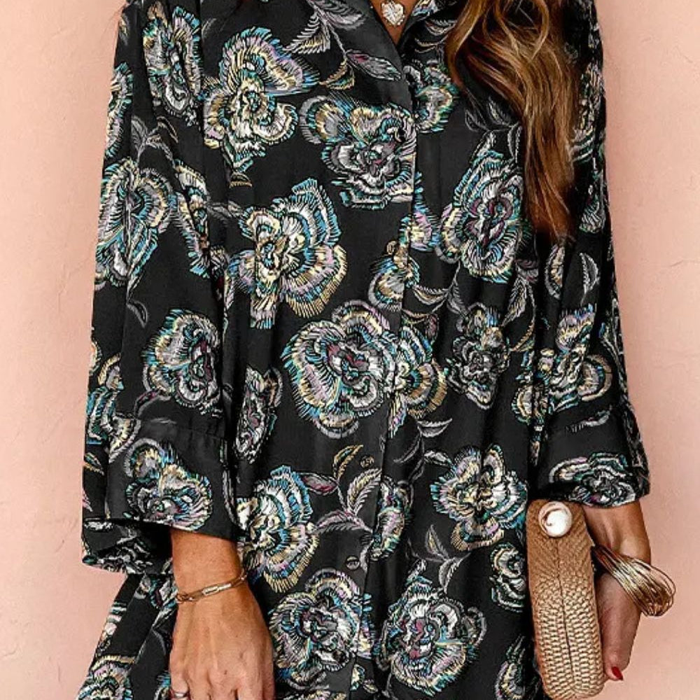 
                      
                        Printed Button Up Three-Quarter Sleeve Shirt Dress
                      
                    