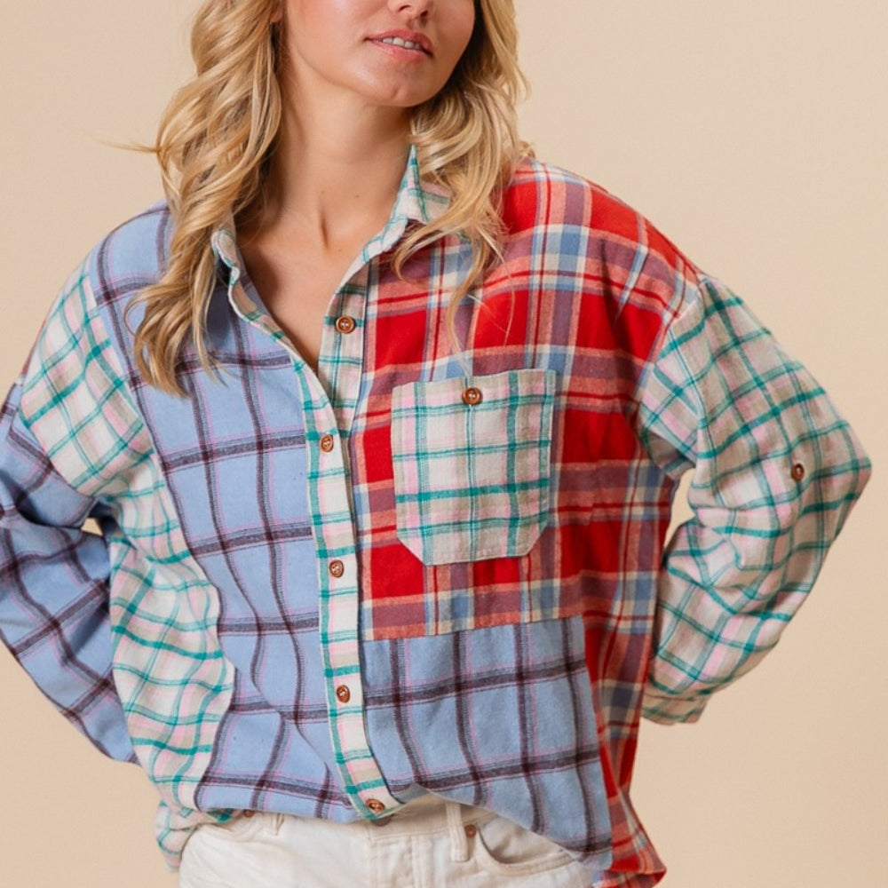 Color Block Plaid Button Down Shirt