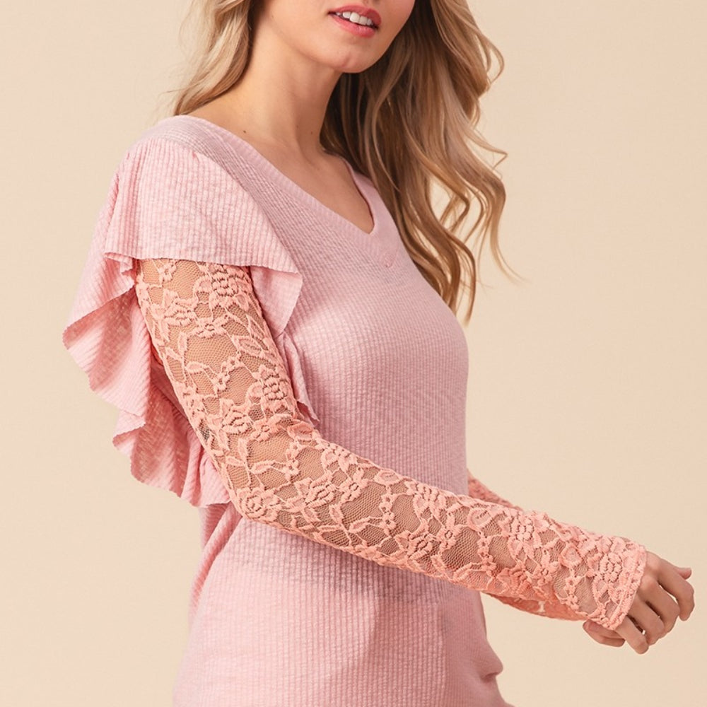 
                      
                        Ruffled Lace Sleeve Rib Knit Top
                      
                    