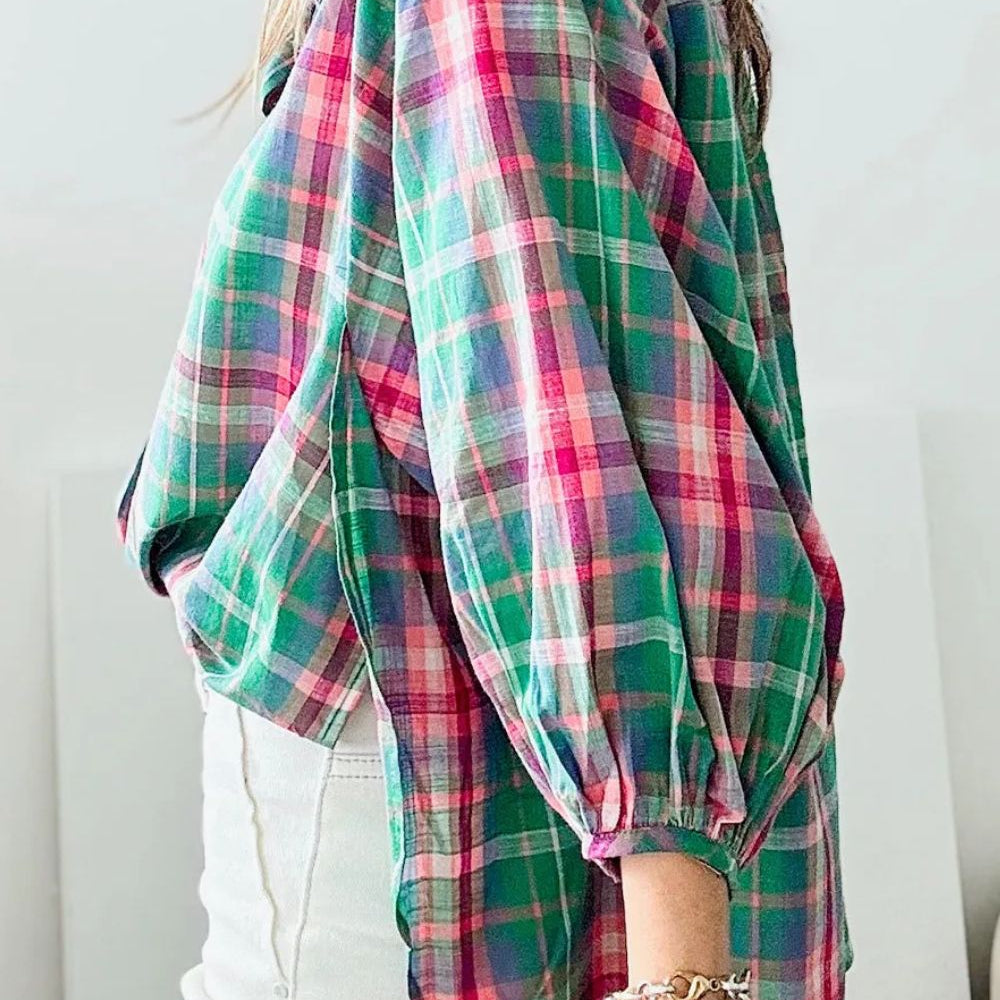 
                      
                        Plaid Collared Neck Three-Quarter Sleeve Blouse
                      
                    