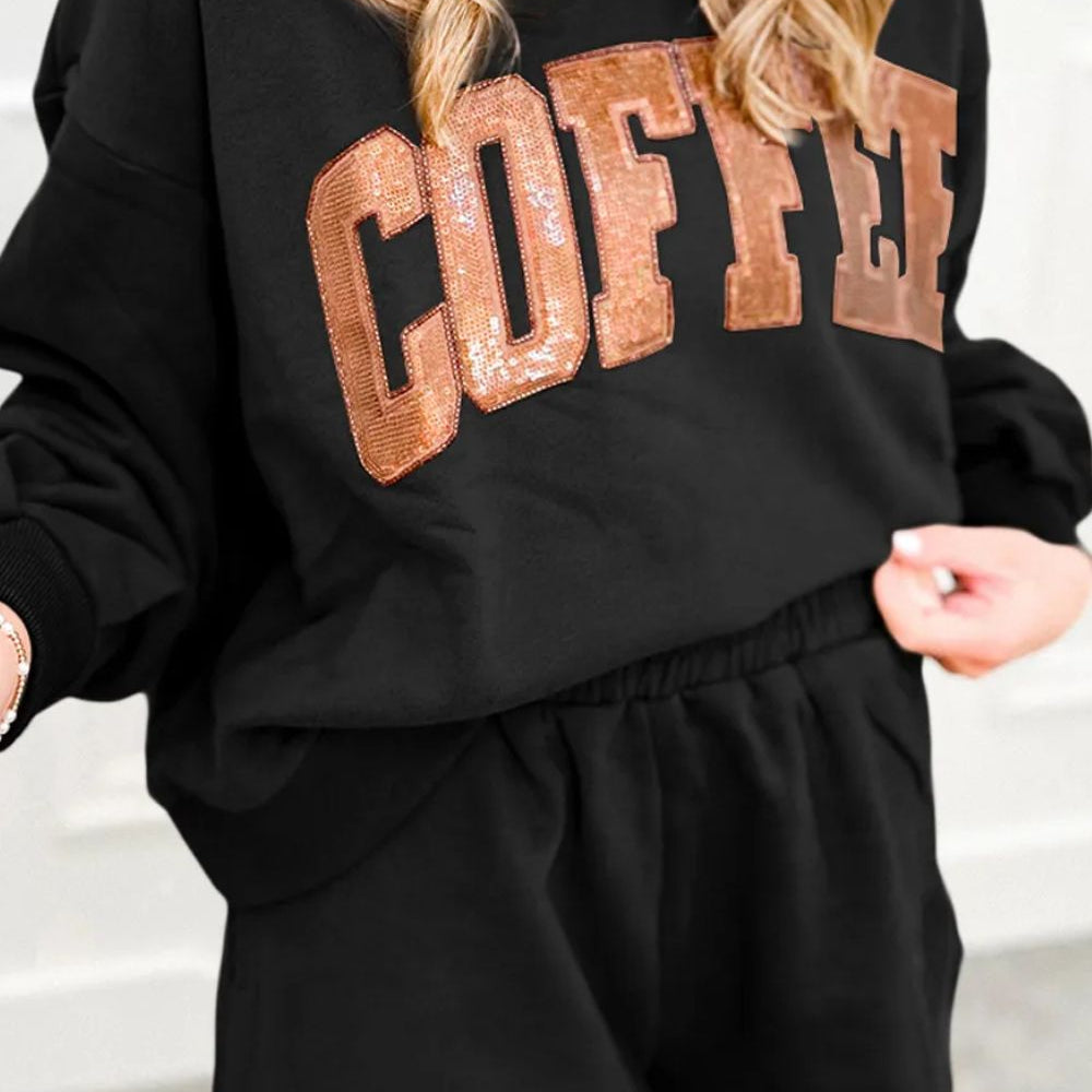 
                      
                        COFFEE Sequin Round Neck Long Sleeve Top and Shorts Set
                      
                    