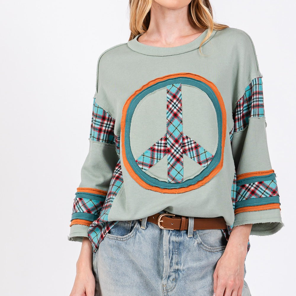 
                      
                        Peace Applique Patch Contrast Plaid Top
                      
                    