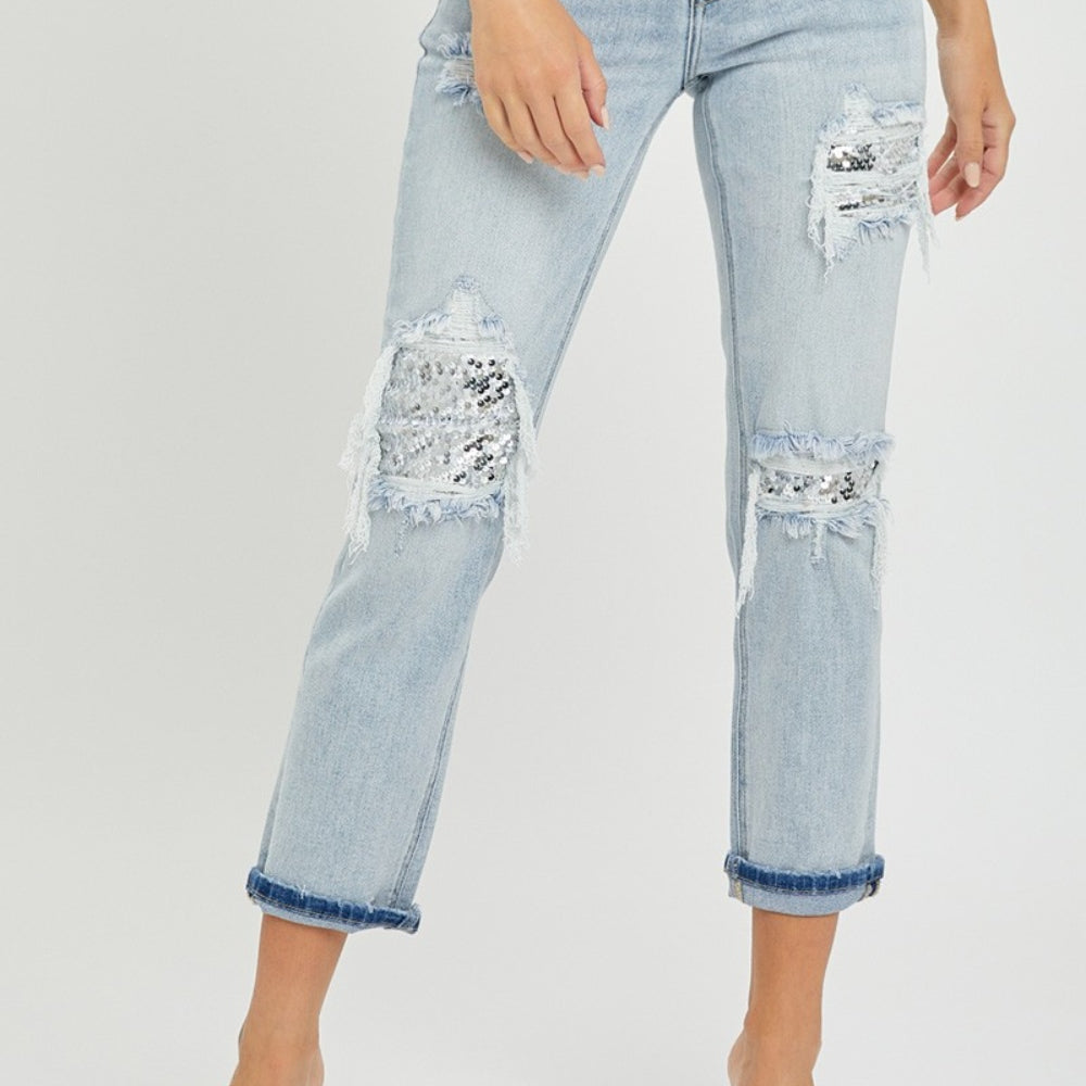 
                      
                        RISEN Mid-Rise Sequin Patched Jeans
                      
                    