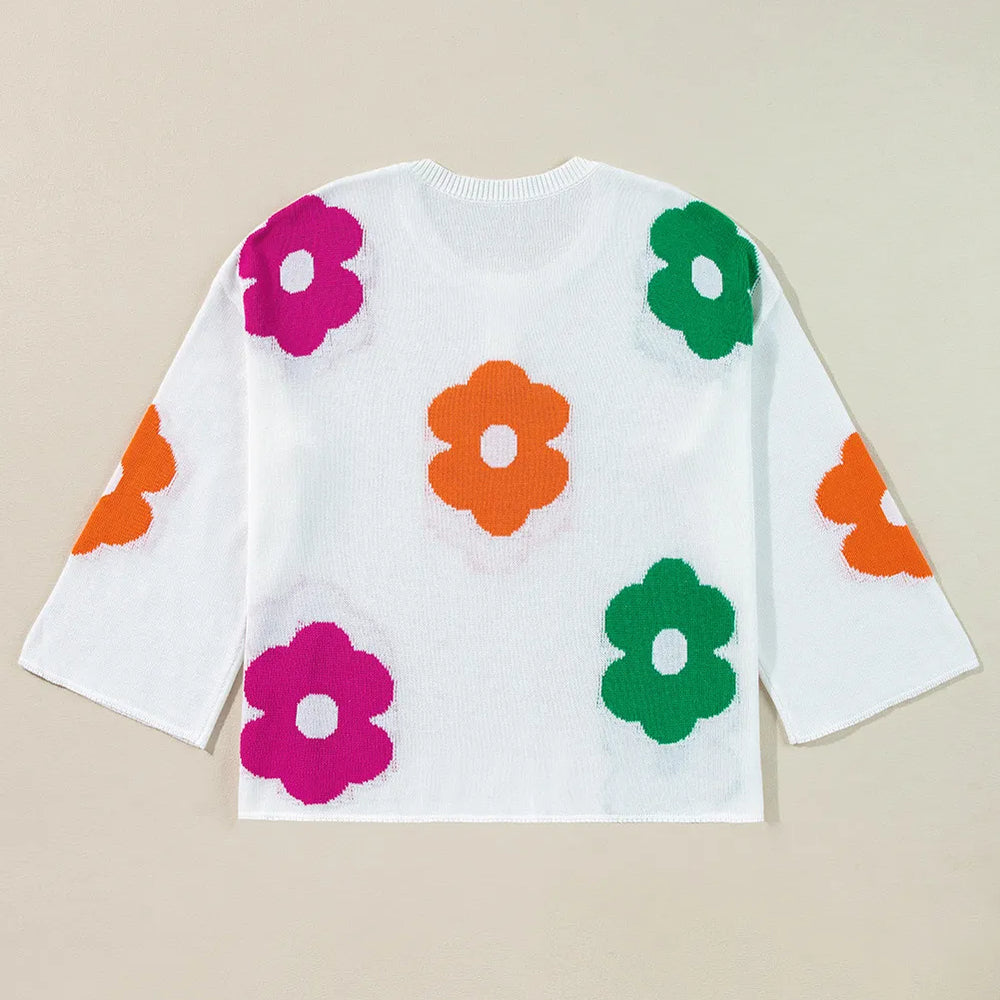 
                      
                        Flower Round Neck Quarter Button Knit Top
                      
                    