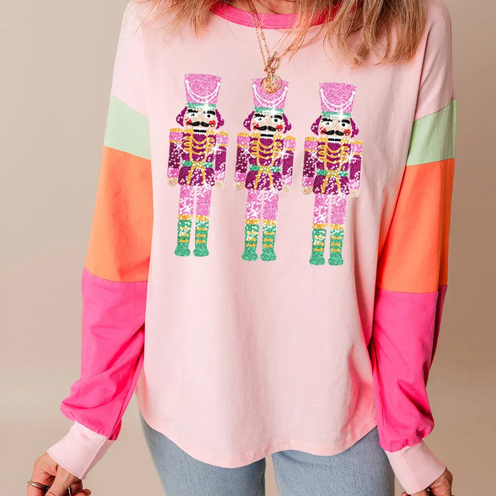 Sequin Nutcracker Round Neck Long Sleeve Top