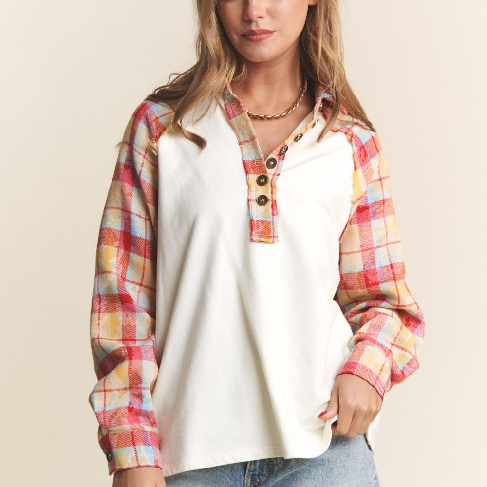 Plaid Contrast Button Down Henley Top