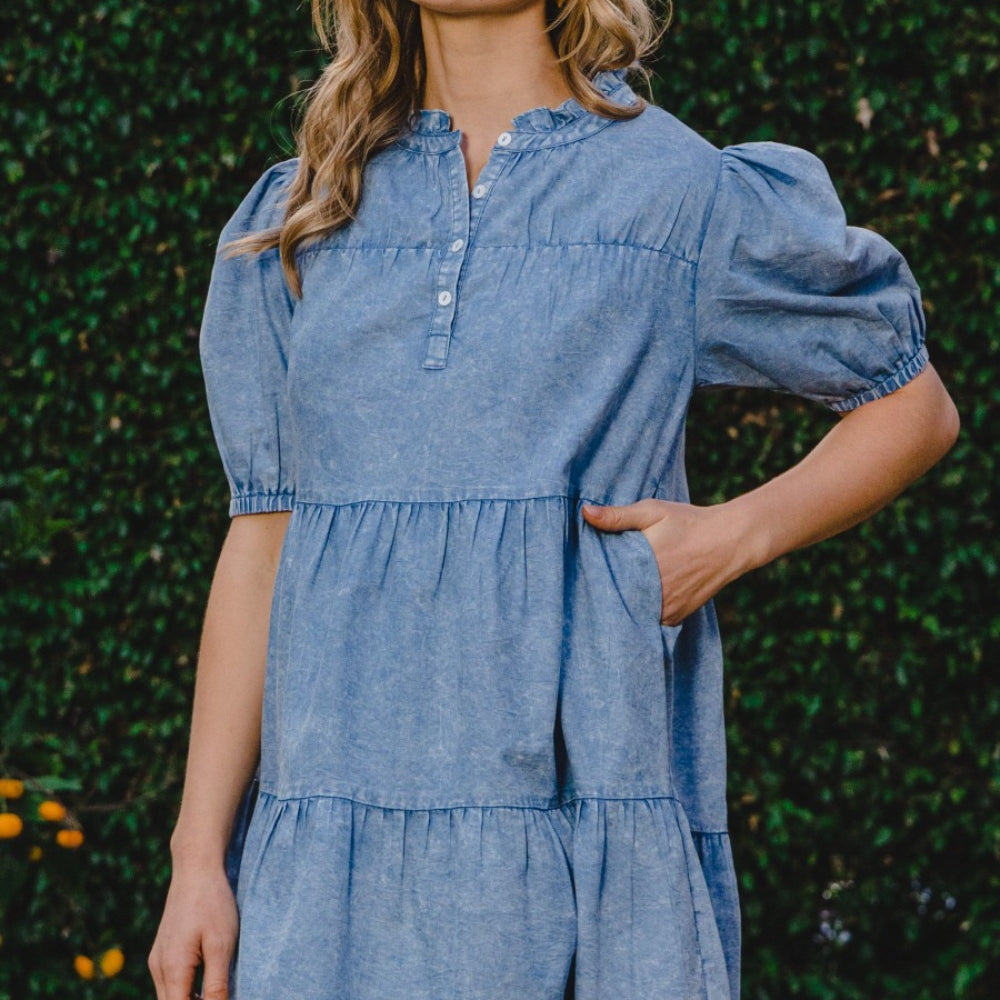 Washed Tiered Mini Denim Dress