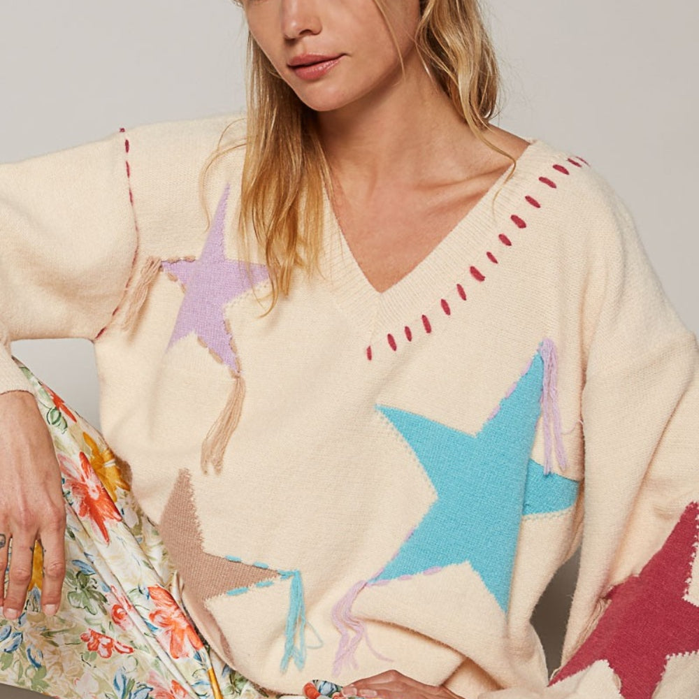 V-Neck Long Sleeve Star Fringe Sweater