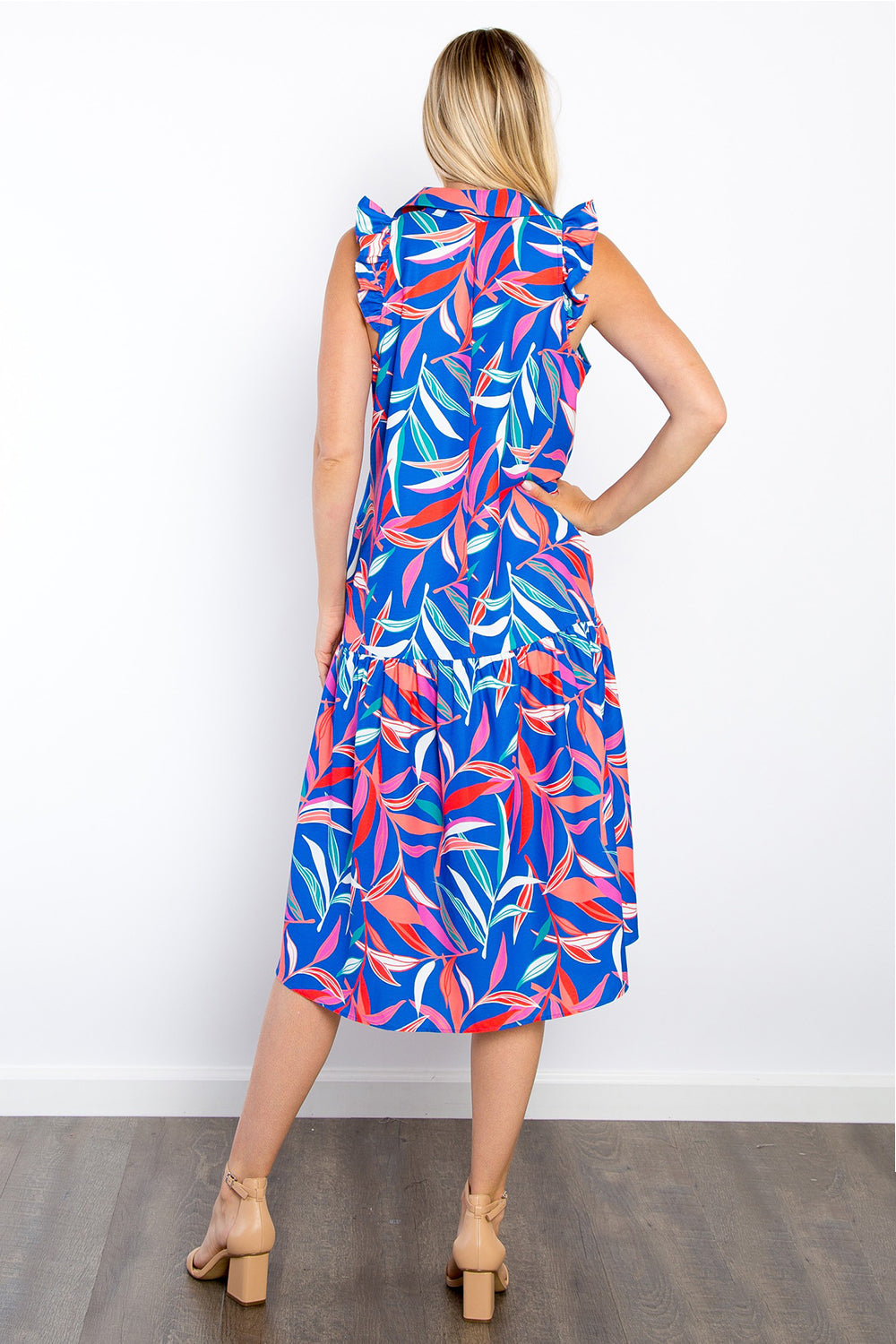 Print Ruffled Midi Dress with Pockets