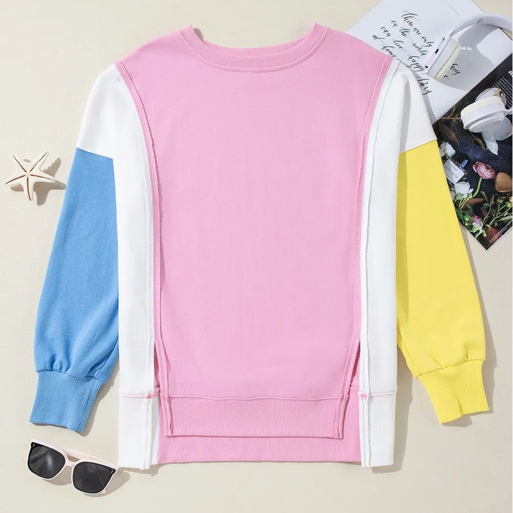 
                      
                        Slit Contrast Round Neck Long Sleeve Sweatshirt
                      
                    