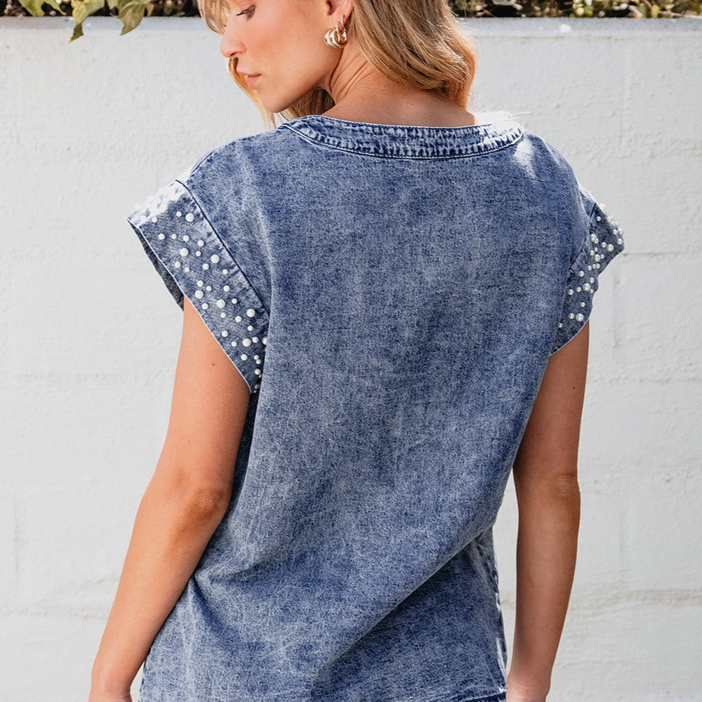 
                      
                        Pearl Trim Round Neck Cap Sleeve Denim Top
                      
                    