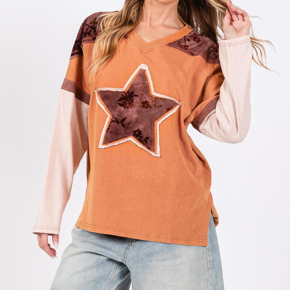 
                      
                        Star Patch Long Sleeve Color Block T-Shirt
                      
                    