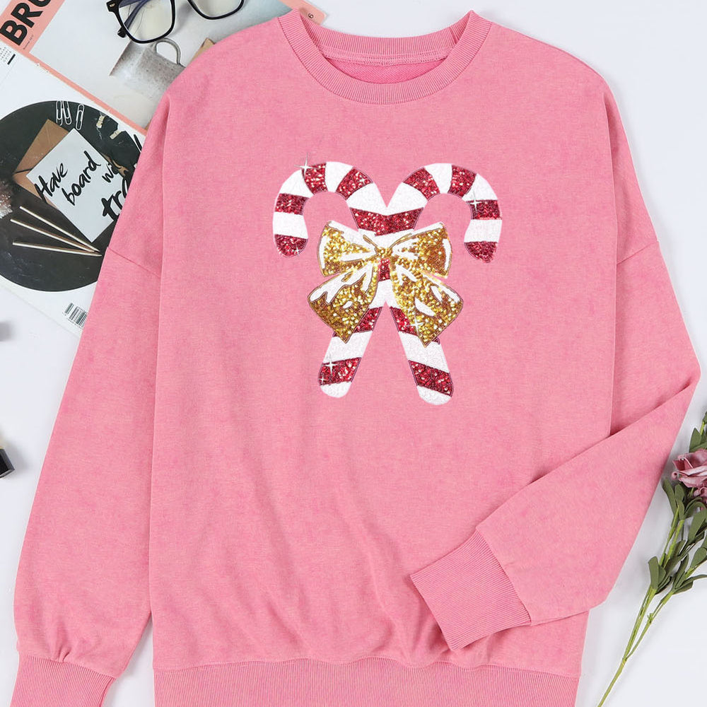 
                      
                        Sequin Candy Cane Round Neck Slit Sweatshirt
                      
                    