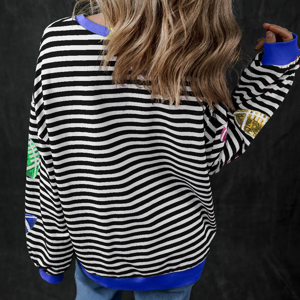 
                      
                        Sequin Football Striped Round Neck Long Sleeve Sweatshirt
                      
                    