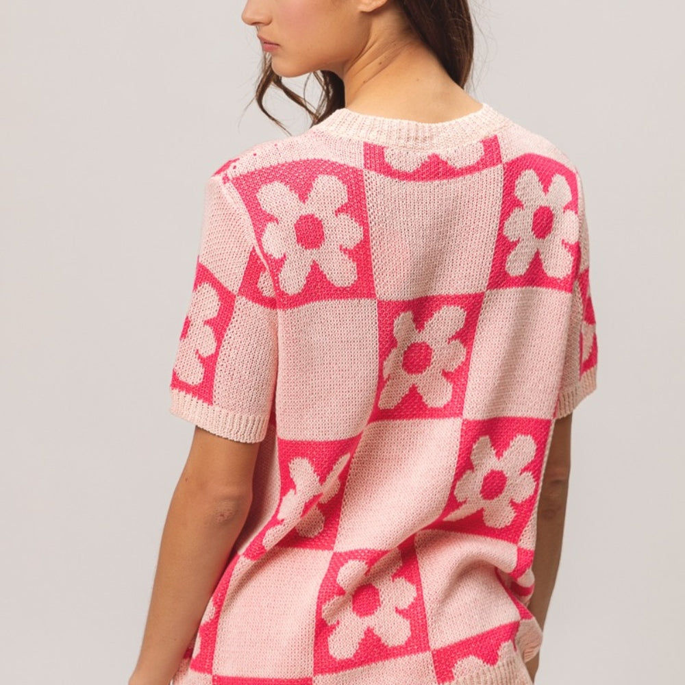 Flower Checker Pattern Short Sleeve Sweater