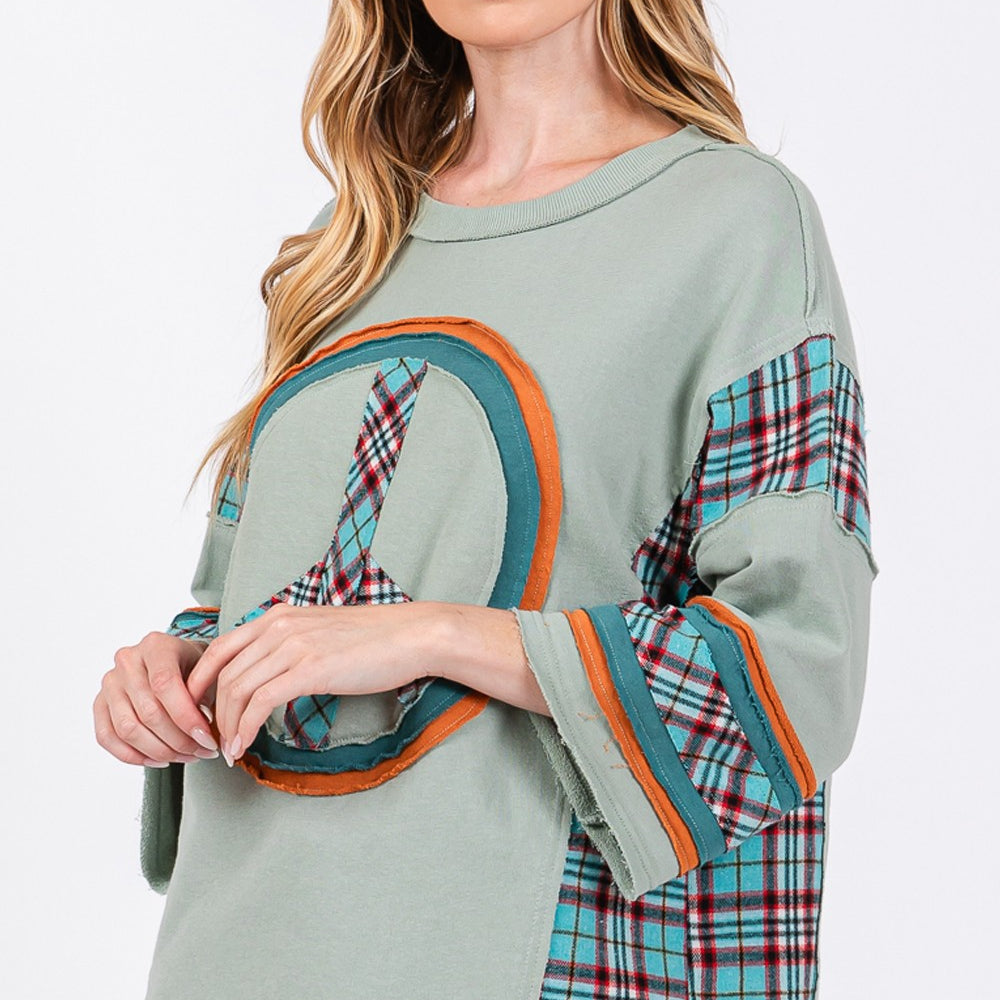 
                      
                        Peace Applique Patch Contrast Plaid Top
                      
                    