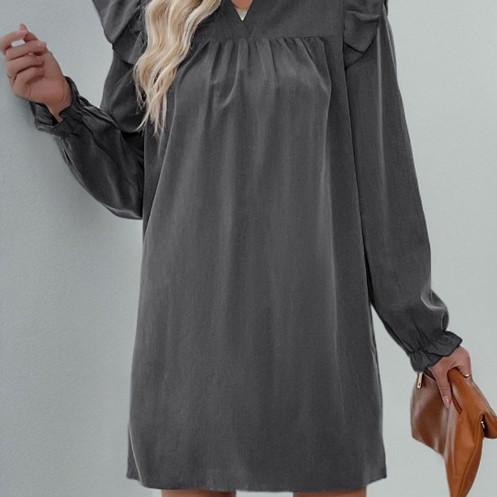 
                      
                        Ruffled Notched Long Sleeve Mini Dress
                      
                    